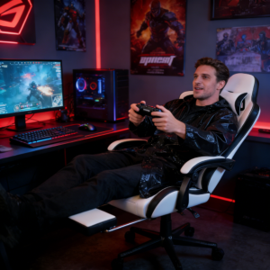 Gaming Chair,Ergonomic Computer Chairs for Adults with Footrest, PU Leather Office Chair with Adjustable Lumbar Support & Pocket Spring Cushion - Heavy Duty 400lb Capacity Gamer Chair