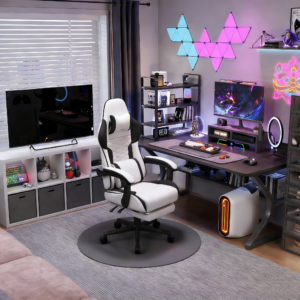 Gaming Chair with Breathable Linen Fabric, Pocket Spring Cushion Ergonomic Computer Chair with Footrest, Reclining High Back Gamer Chair with Lumbar Support & Adjustable Height