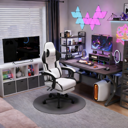 Gaming Chair with Breathable Linen Fabric, Pocket Spring Cushion Ergonomic Computer Chair with Footrest, Reclining High Back Gamer Chair with Lumbar Support & Adjustable Height