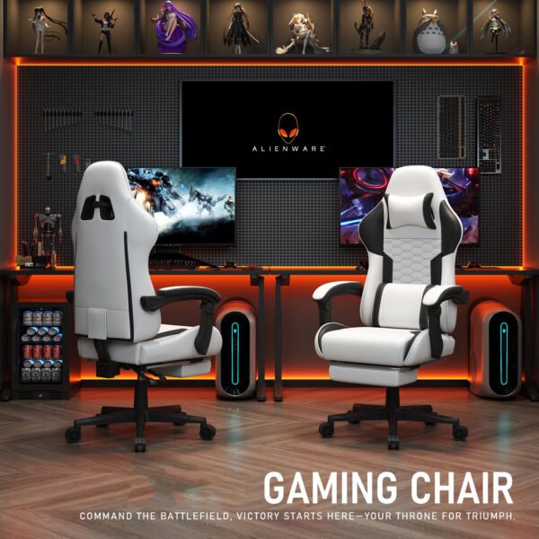 Gaming Chair with Breathable Linen Fabric, Pocket Spring Cushion Ergonomic Computer Chair with Footrest, Reclining High Back Gamer Chair with Lumbar Support & Adjustable Height