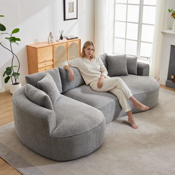 124"Oversized Boneless Couches for Living Room, Sectional Curved Sofa with 7 Pillows, L-Shape Boneless Couch with Deep Seat, High-Density Memory Foam, No Assembly Required, Chenille