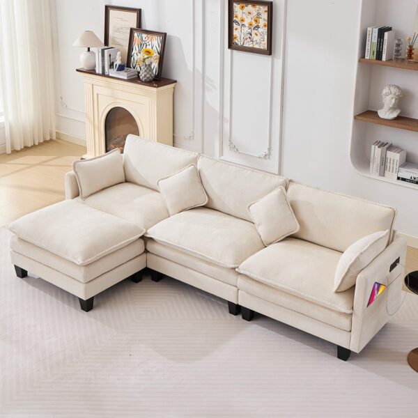 108″ Modular L Shaped Sectional Sofa with Ottoman, Chenille Cloud Couch 4-Seat Deep Seat, USB/Type-C Charger Ports for Living Room/Apartment/Office