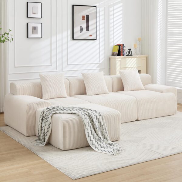 Plush Corduroy 118" Modular Sectional Sofa, Modern Boneless L-Shaped Cloud Couch with Chaise, Deep Seat Upholstered Comfy Living Room Couch, No Assembly Required,Orange | Stain Resistant, Skin-Friendly Fabric, High Density Foam, Sturdy Frame, Easy to Clean