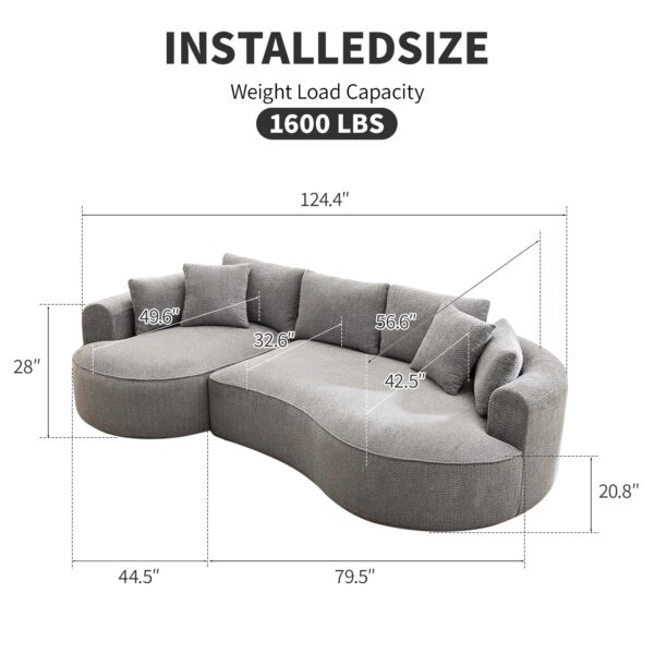 124"Oversized Boneless Couches for Living Room, Sectional Curved Sofa with 7 Pillows, L-Shape Boneless Couch with Deep Seat, High-Density Memory Foam, No Assembly Required, Chenille