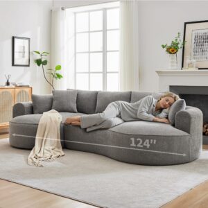 124"Oversized Boneless Couches for Living Room, Sectional Curved Sofa with 7 Pillows, L-Shape Boneless Couch with Deep Seat, High-Density Memory Foam, No Assembly Required, Chenille