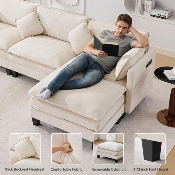108″ Modular L Shaped Sectional Sofa with Ottoman, Chenille Cloud Couch 4-Seat Deep Seat, USB/Type-C Charger Ports for Living Room/Apartment/Office