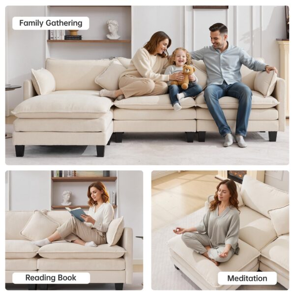 108″ Modular L Shaped Sectional Sofa with Ottoman, Chenille Cloud Couch 4-Seat Deep Seat, USB/Type-C Charger Ports for Living Room/Apartment/Office