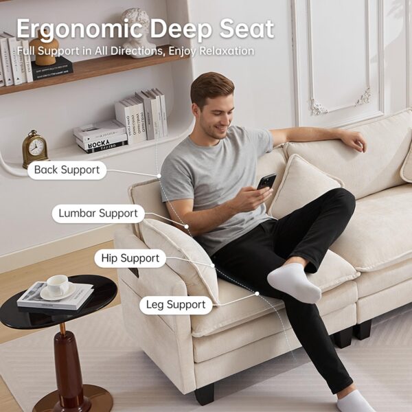 108″ Modular L Shaped Sectional Sofa with Ottoman, Chenille Cloud Couch 4-Seat Deep Seat, USB/Type-C Charger Ports for Living Room/Apartment/Office